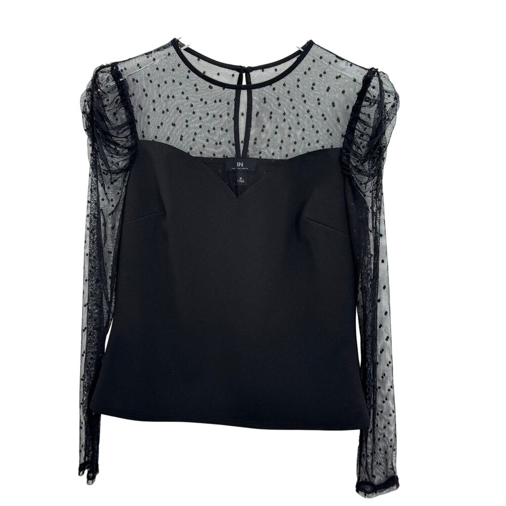 IN San Francisco blouse women's M mesh polka dot puff sweetheart stretch black